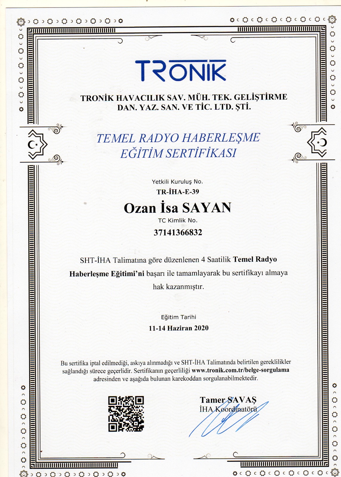 Temel Radyo Haberleşme Eğitim Sertifikası