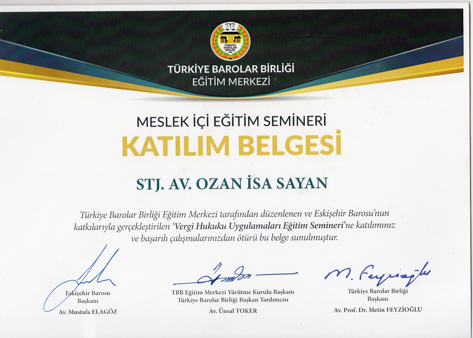 Meslek İçi Eğitim Semineri Katılım Belgesi